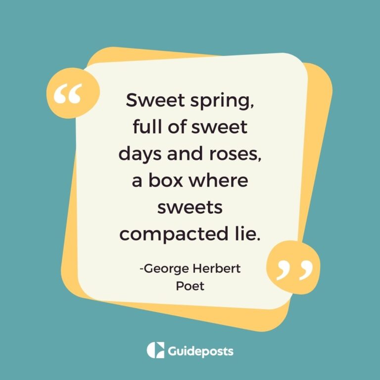 White quote bubble on blue background with a spring quote by George Herbert