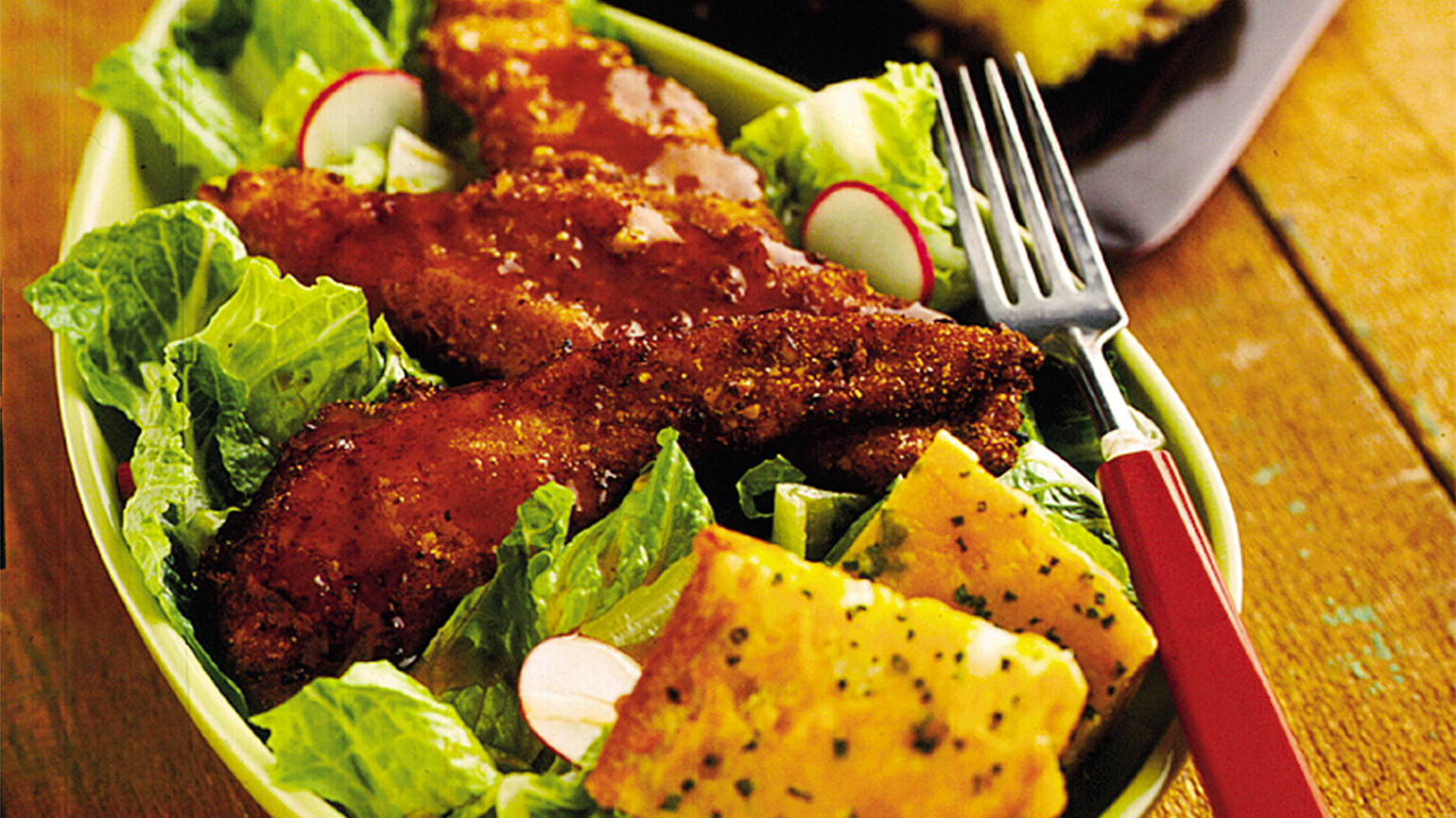 Pecan-Crusted Chicken Fingers and Salad with a Tangy Maple Barbecue Dressing